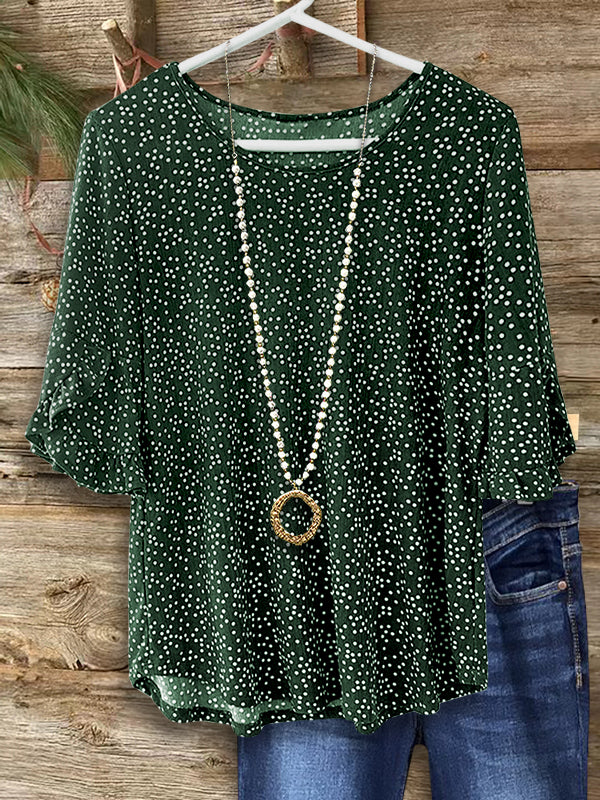 Retro Green Dot Print Ruffle Blouse