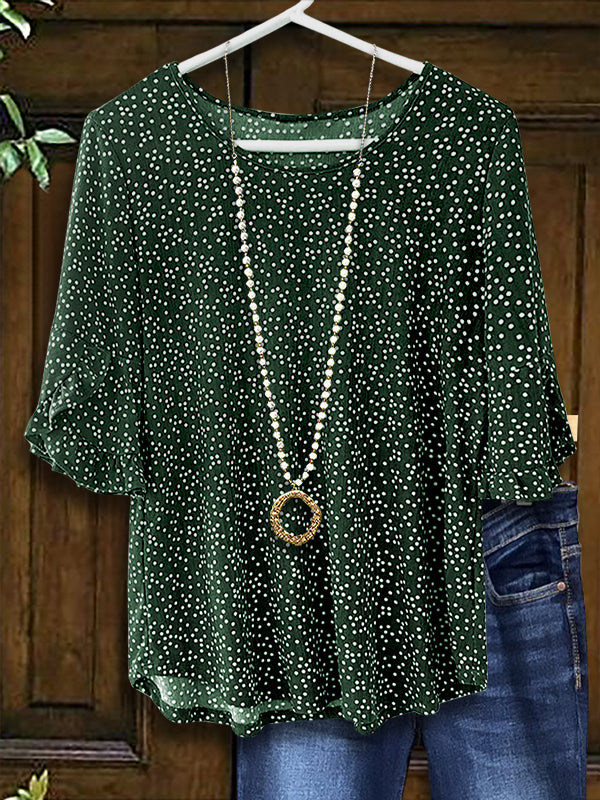 Retro Green Dot Print Ruffle Blouse