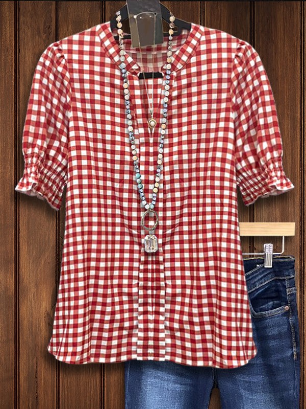 Red Check Gathered Sleeve Blouse