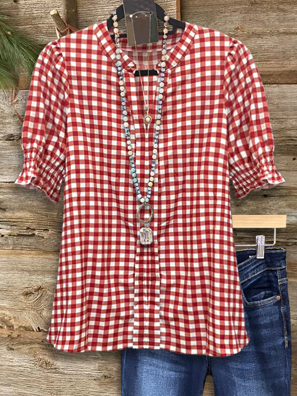 Red Check Gathered Sleeve Blouse