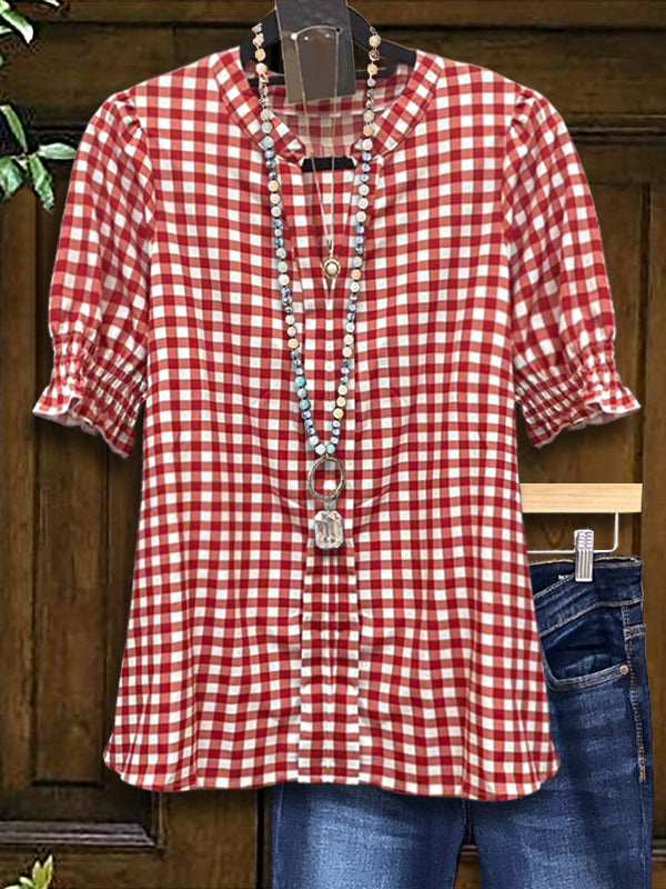 Red Check Gathered Sleeve Blouse