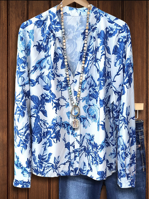 Blue And White Porcelain Print Blouse