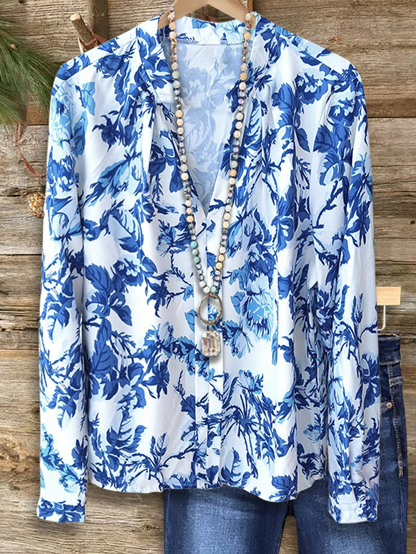 Blue And White Porcelain Print Blouse