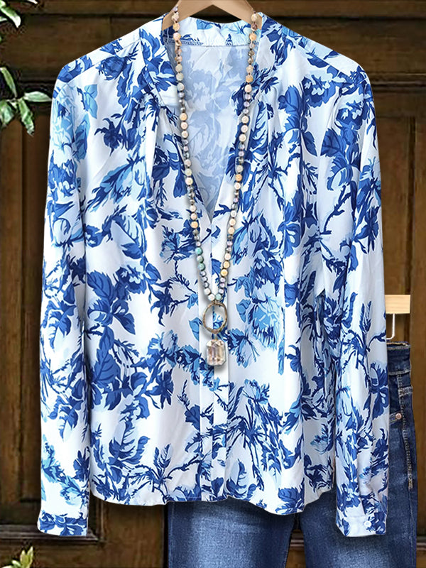 Blue And White Porcelain Print Blouse