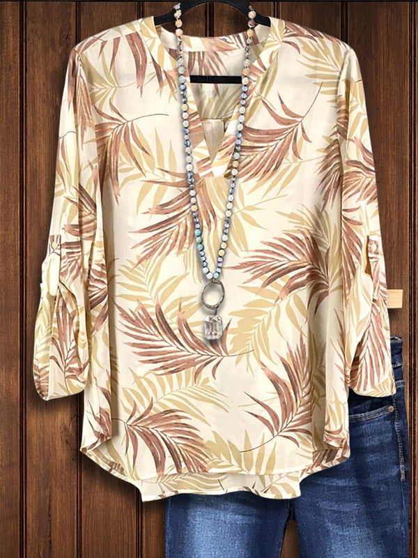 Split Collar Leaf Print Blouse