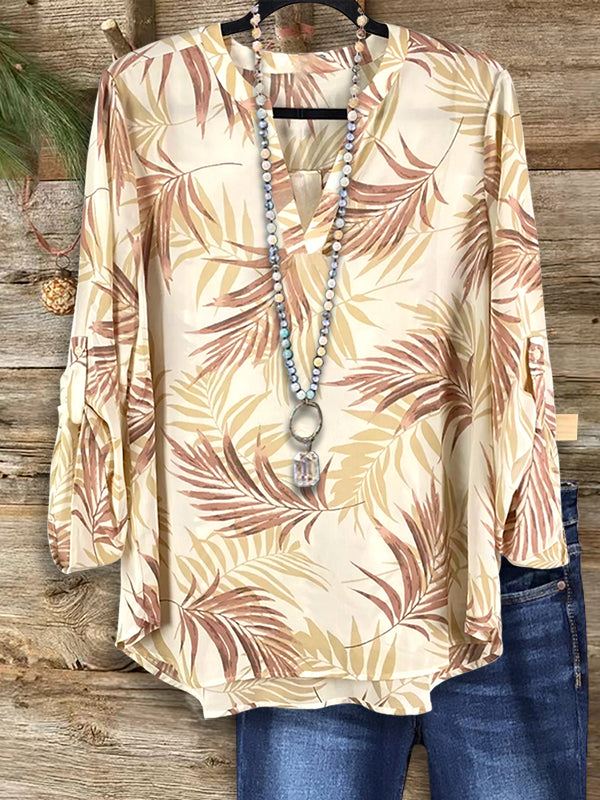 Split Collar Leaf Print Blouse