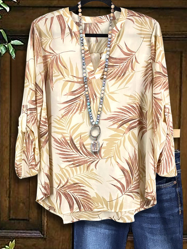 Split Collar Leaf Print Blouse