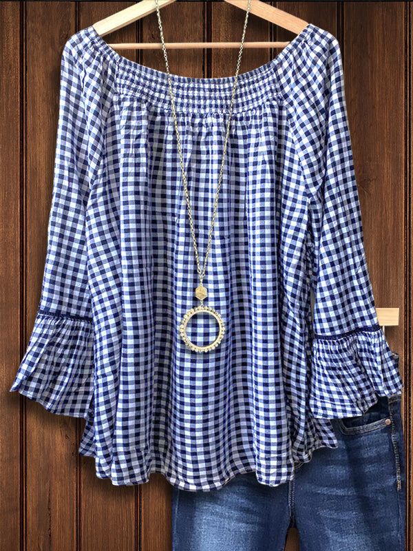 Plaid Ruffle Sleeve Loose Blouse