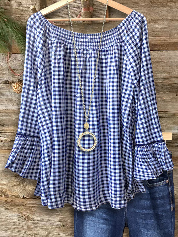 Plaid Ruffle Sleeve Loose Blouse