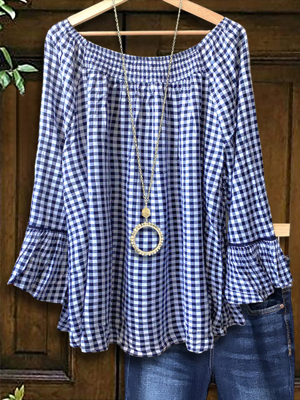 Plaid Ruffle Sleeve Loose Blouse