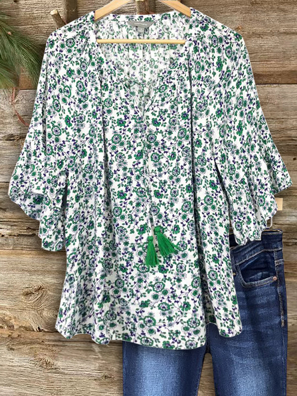 Floral Ruffle Sleeve Fringed Blouse