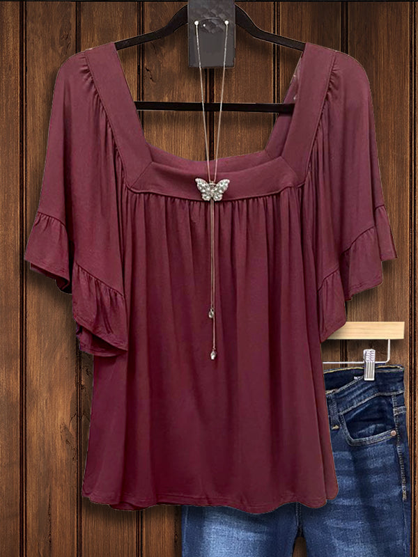 Burgundy Square Neck Ruffle Blouse