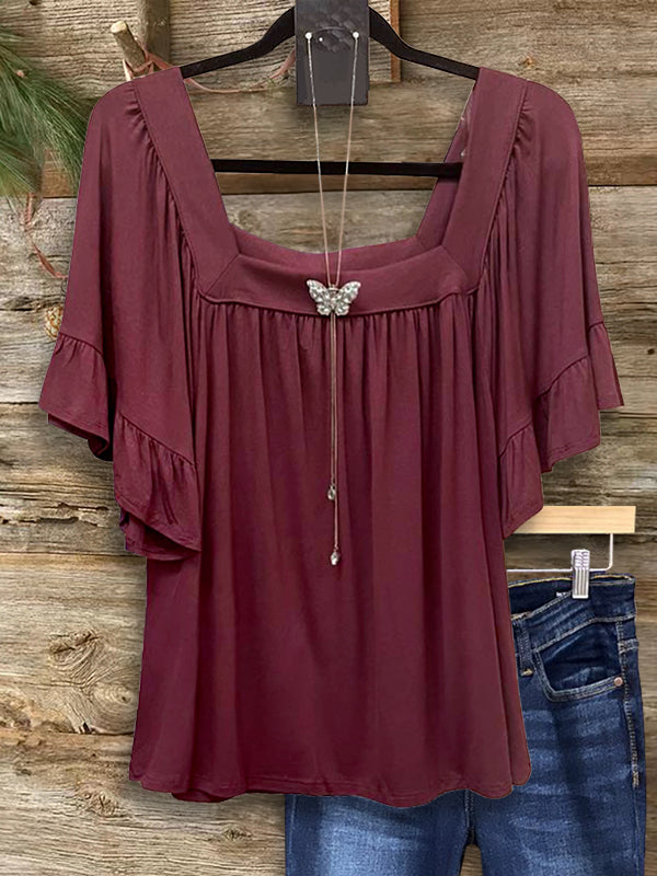 Burgundy Square Neck Ruffle Blouse