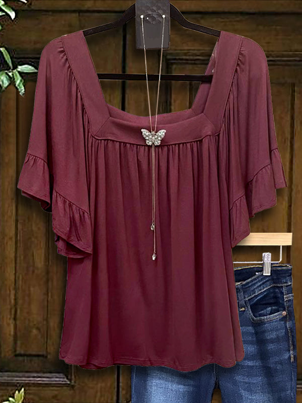 Burgundy Square Neck Ruffle Blouse