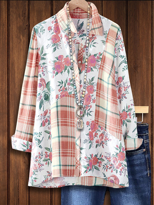 Plaid & Floral Print Patchwork Shirt