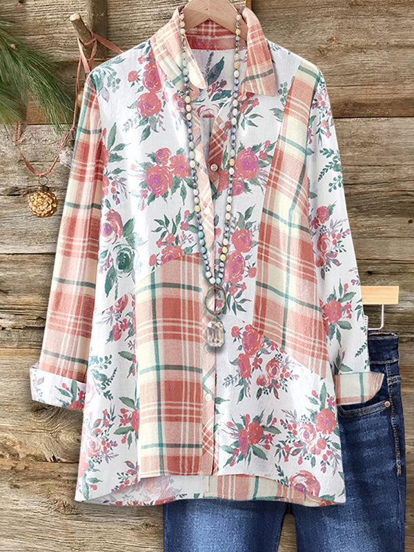 Plaid & Floral Print Patchwork Shirt