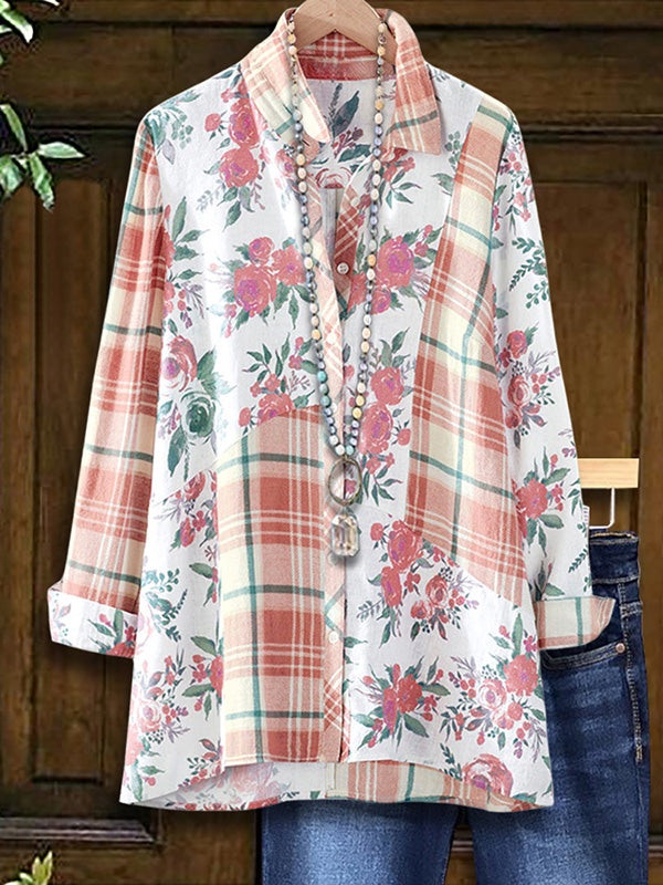 Plaid & Floral Print Patchwork Shirt