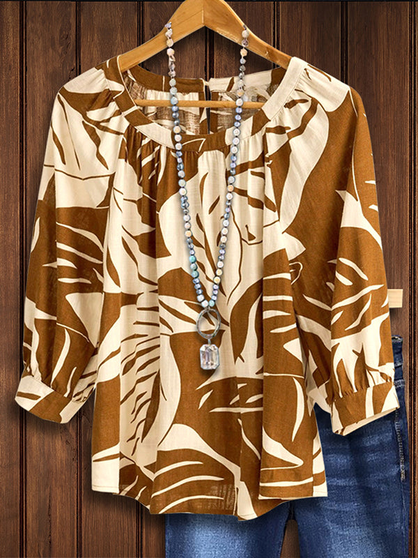 Art Leaf Print Loose Blouse