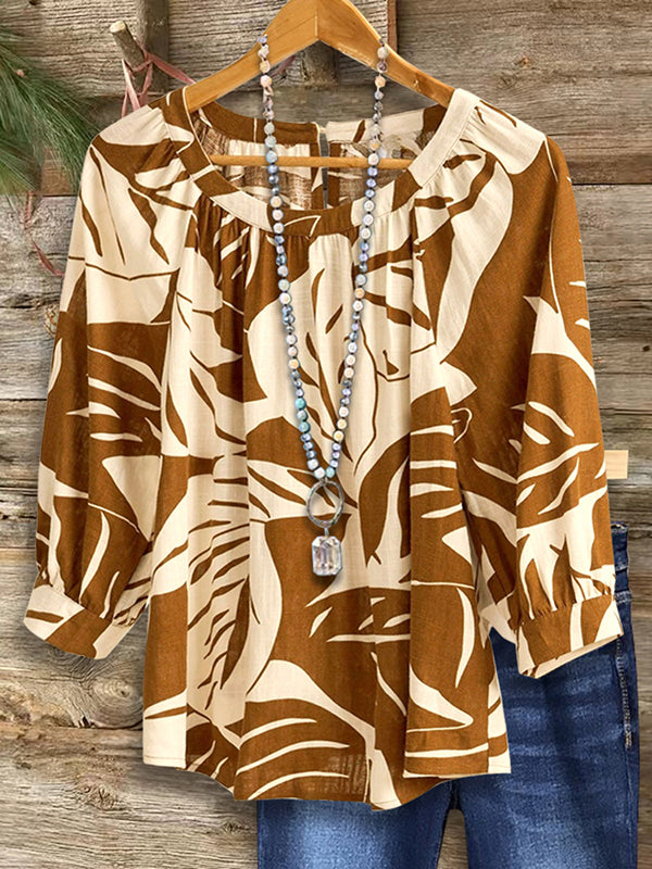 Art Leaf Print Loose Blouse