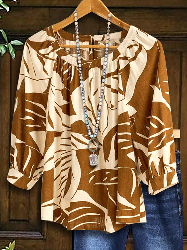 Art Leaf Print Loose Blouse