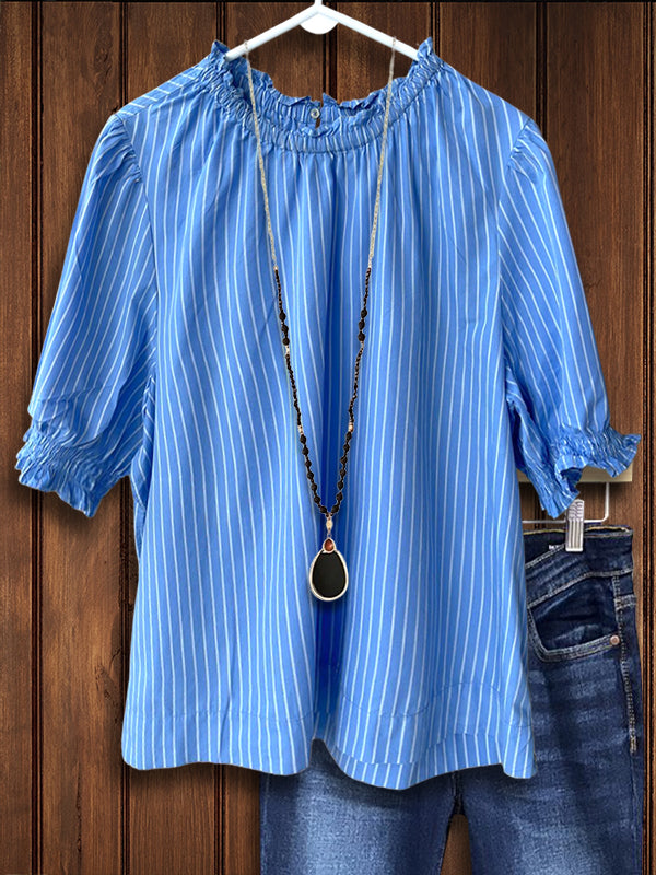 Striped Gathered Sleeves Blouse