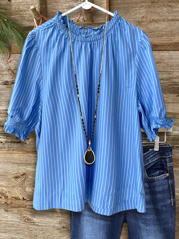 Striped Gathered Sleeves Blouse