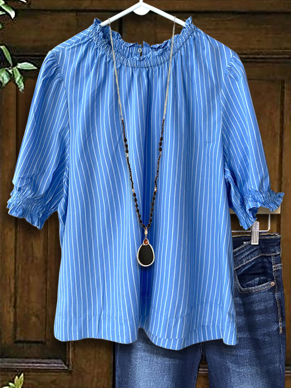 Striped Gathered Sleeves Blouse