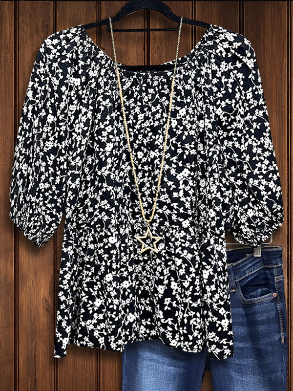 Black & White Floral Puff Sleeve Blouse