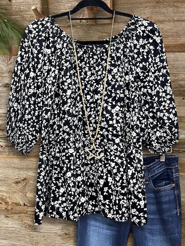 Black & White Floral Puff Sleeve Blouse