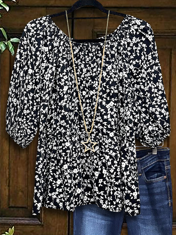 Black & White Floral Puff Sleeve Blouse