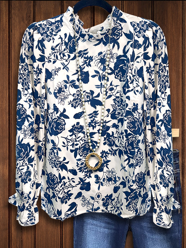 Blue & White Porcelain Print Blouse