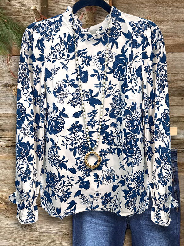 Blue & White Porcelain Print Blouse