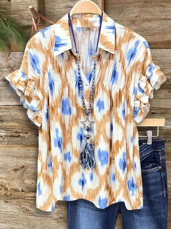 Tie-Dye Print Gathered Ruffle Blouse