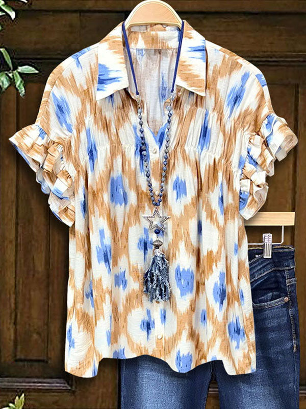 Tie-Dye Print Gathered Ruffle Blouse