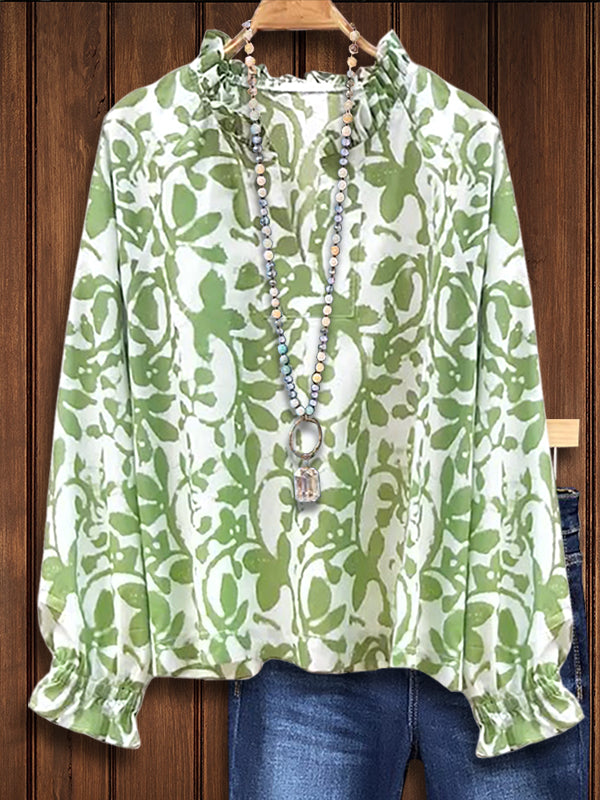 Leaves Print Gathered Blouse