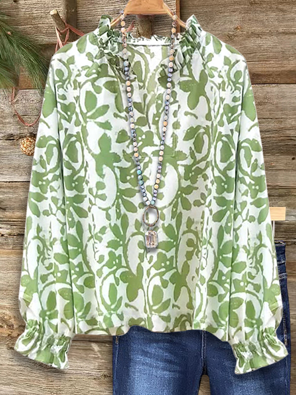 Leaves Print Gathered Blouse