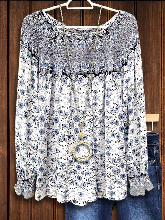 Blue & White Porcelain Gathered Blouse