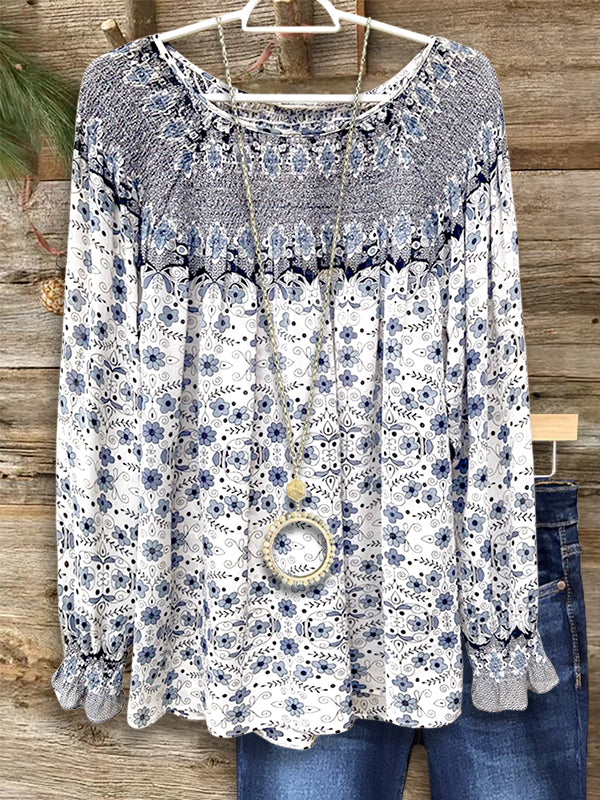 Blue & White Porcelain Gathered Blouse