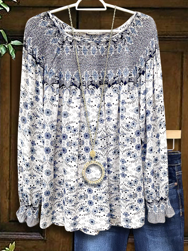 Blue & White Porcelain Gathered Blouse