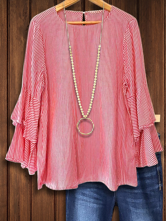 Striped Tiered Ruffle Sleeve Blouse