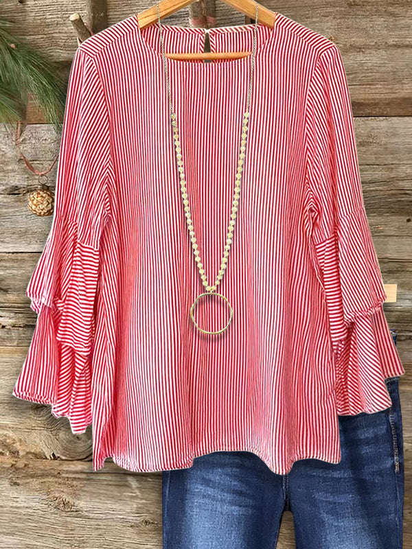 Striped Tiered Ruffle Sleeve Blouse