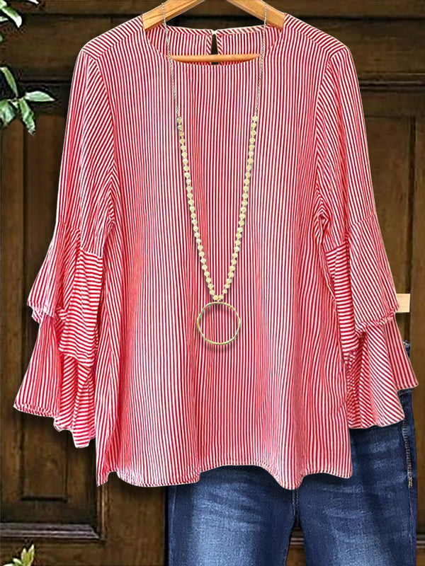 Striped Tiered Ruffle Sleeve Blouse