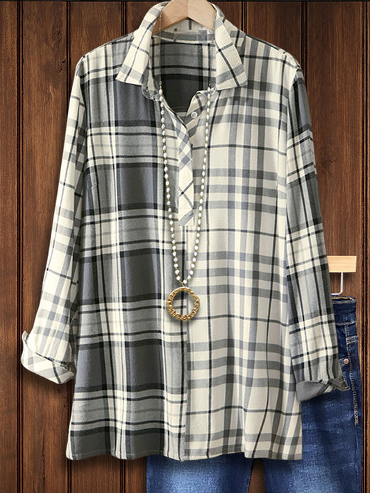 Plaid Lapel Loose Blouse