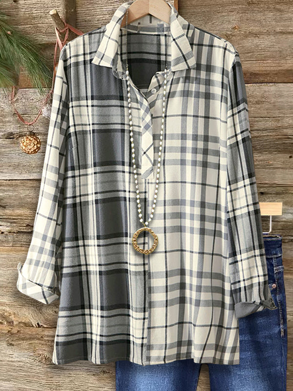 Plaid Lapel Loose Blouse