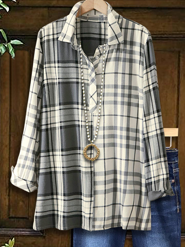 Plaid Lapel Loose Blouse