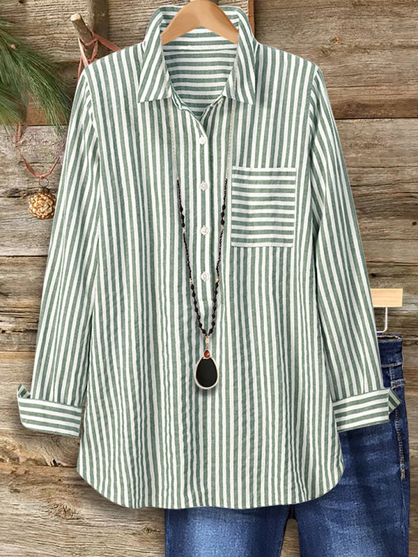 Fresh Green Striped Loose Blouse