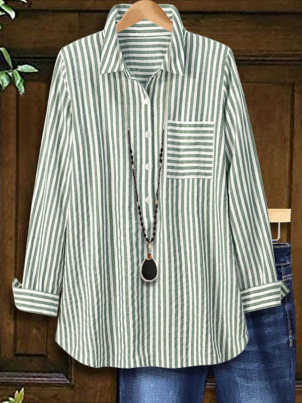 Fresh Green Striped Loose Blouse