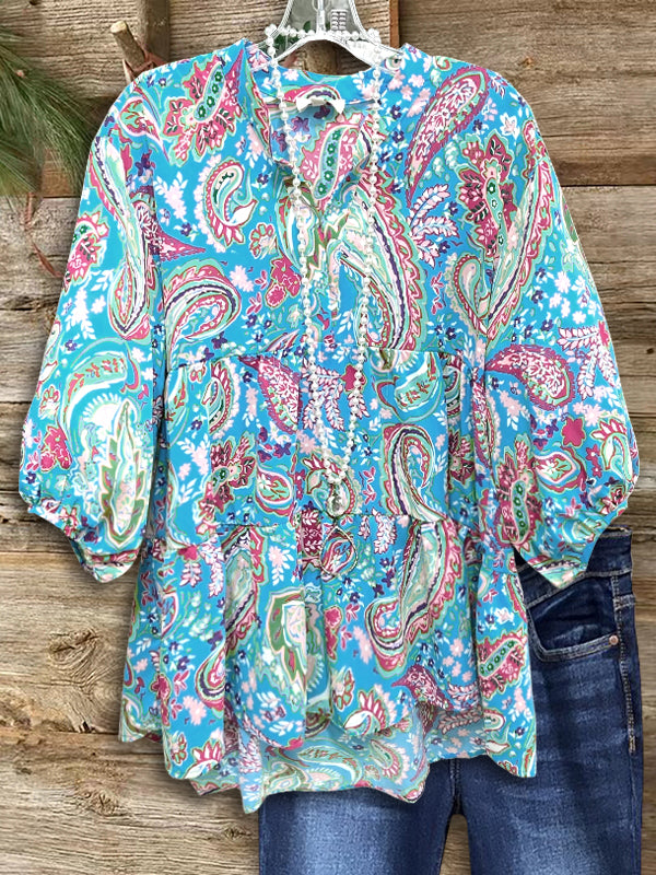 Paisley Print Puff Sleeve Blouse