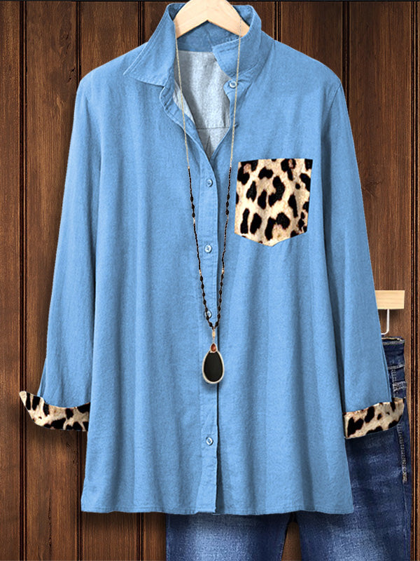 Denim Leopard Print Patchwork Shirt