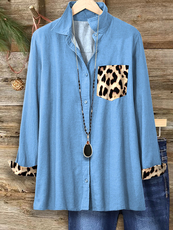 Denim Leopard Print Patchwork Shirt